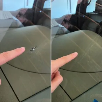 Before and after of a small windshield chip, pointed out then gone after the repair