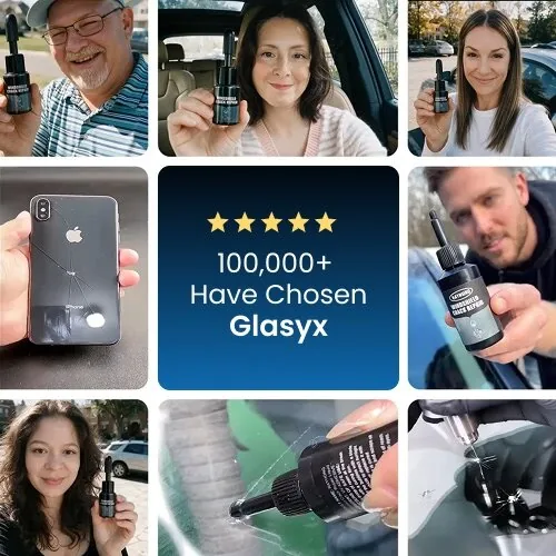 Grid of customers holding their Glasyx bottle with a five star tile in the middle