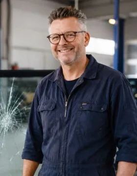 Auto glass technician in a navy work suit standing in front of a cracked pane in his shop