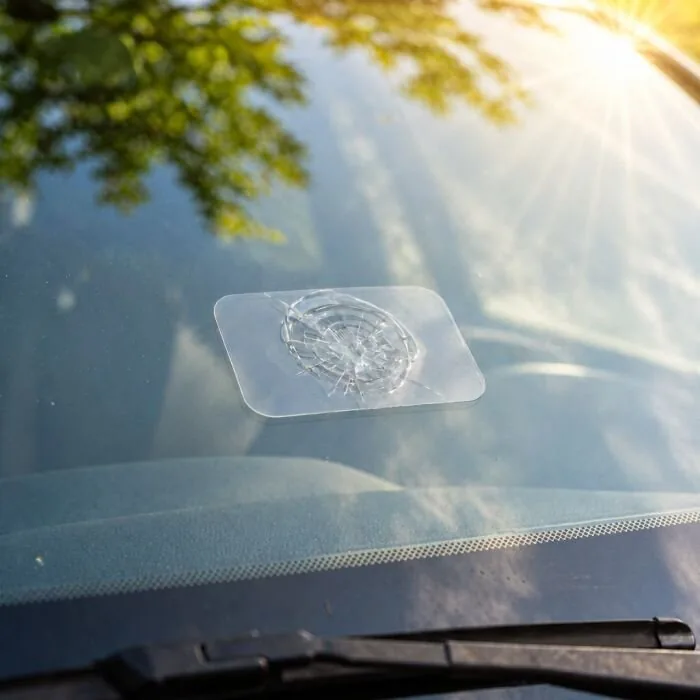 Curing film pressed flat over a filled windshield chip with sunlight coming through the trees