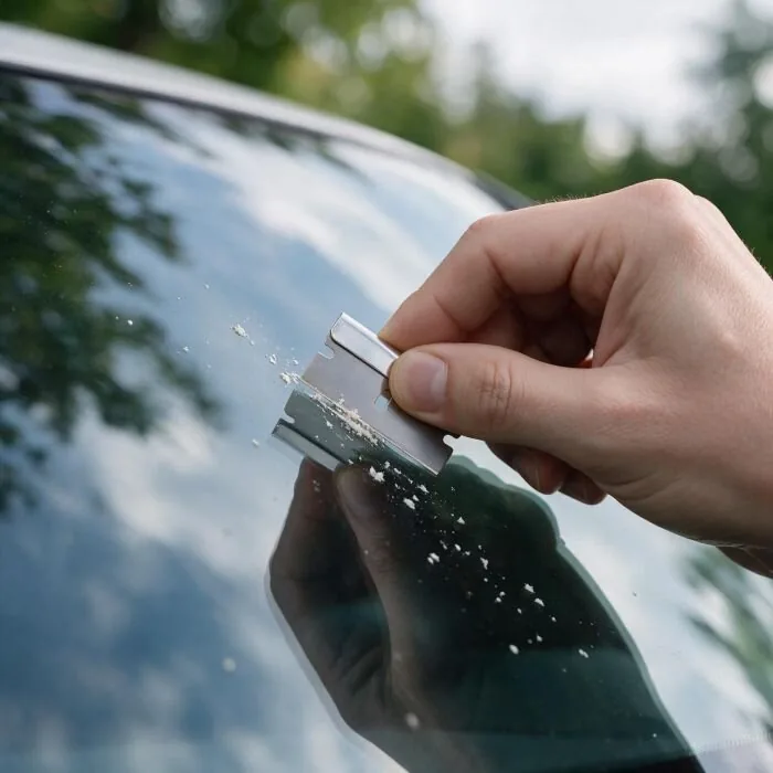 Hand scraping cured resin off a windshield with the flat blade included in the kit